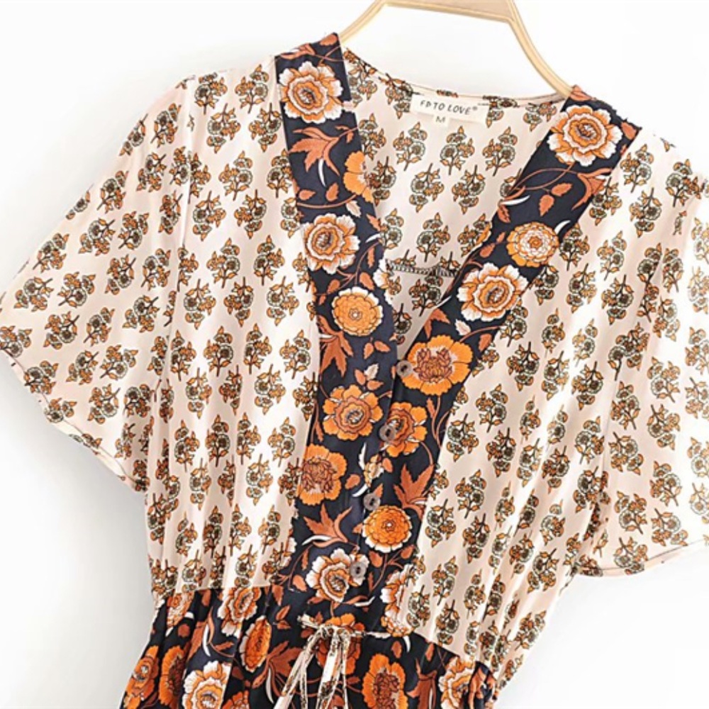 floral print boho ruffle v neck paisley dress - Picture 4 of 4